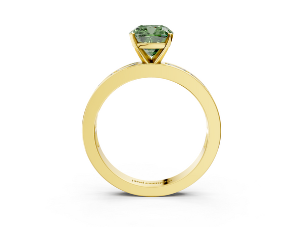 Yellow gold Fancy Green Cushion  Solitaire Diamond Ring with Channel-Set Baguette Band and Four-Prong Setting