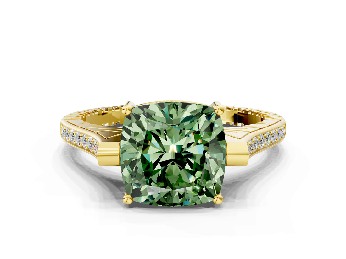 Yellow gold Fancy Green Cushion  Solitaire Diamond Ring with Channel Set Band and Bezel Prong Setting_56