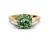 Yellow gold Fancy Green Cushion  Solitaire Diamond Ring with Channel Set Band and Bezel Prong Setting_56