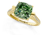 Yellow gold Fancy Green Cushion  Solitaire Diamond Ring with Channel Set Band and Bezel Prong Setting_57