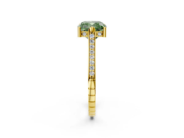 Yellow Gold Cushion Cut Vintage Cathedral Engagement Ring Setting for Fancy Green Center