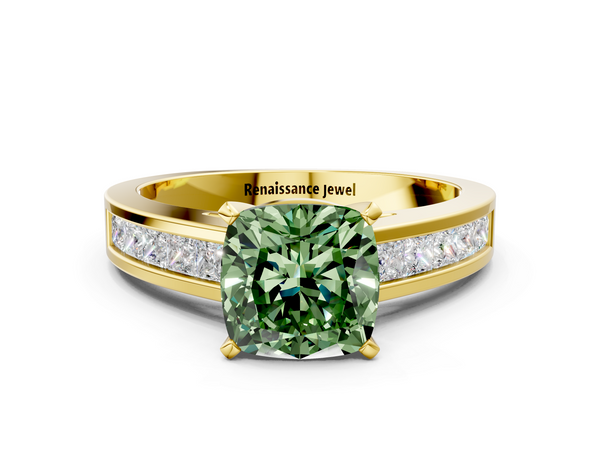 Yellow gold Fancy Green Cushion  Solitaire Diamond Ring with Channel-Set Band and Four-Prong Setting
