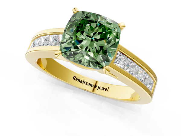Yellow gold Fancy Green Cushion  Solitaire Diamond Ring with Channel-Set Band and Four-Prong Setting