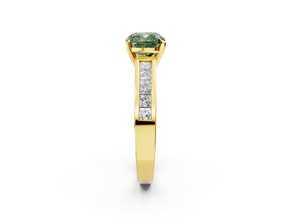 Yellow gold Fancy Green Cushion  Solitaire Diamond Ring with Channel-Set Band and Four-Prong Setting