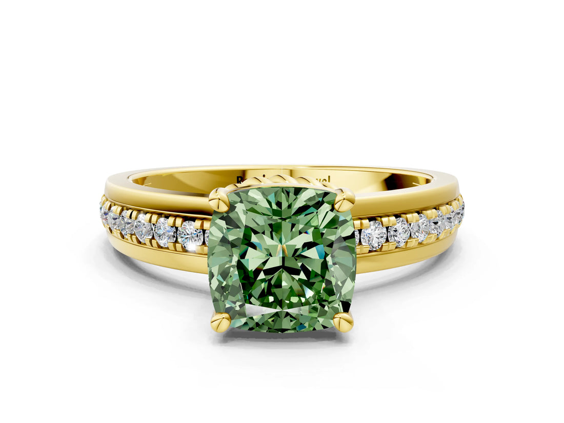 Yellow gold Fancy Green Cushion  Solitaire Diamond Ring with Channel Set Band and Six-Prong Setting_48