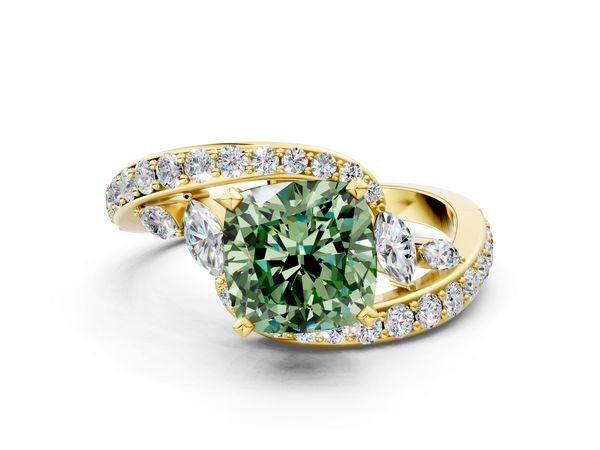 Yellow gold Fancy Green Cushion Cut Diamond Solitaire Ring with Filigree Band and Four-Prong Setting