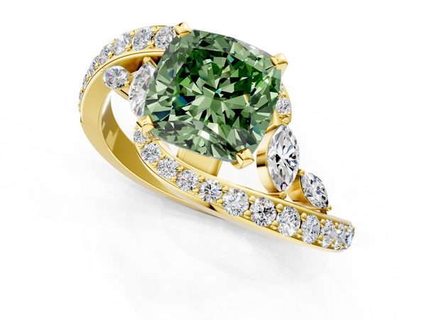 Yellow gold Fancy Green Cushion Cut Diamond Solitaire Ring with Filigree Band and Four-Prong Setting