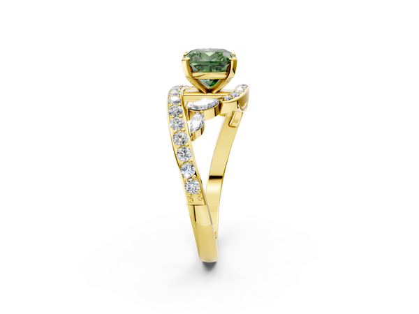 Yellow gold Fancy Green Cushion Cut Diamond Solitaire Ring with Filigree Band and Four-Prong Setting