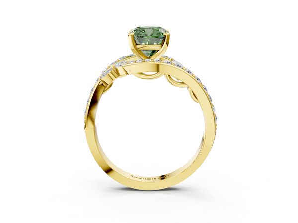 Yellow gold Fancy Green Cushion Cut Diamond Solitaire Ring with Filigree Band and Four-Prong Setting