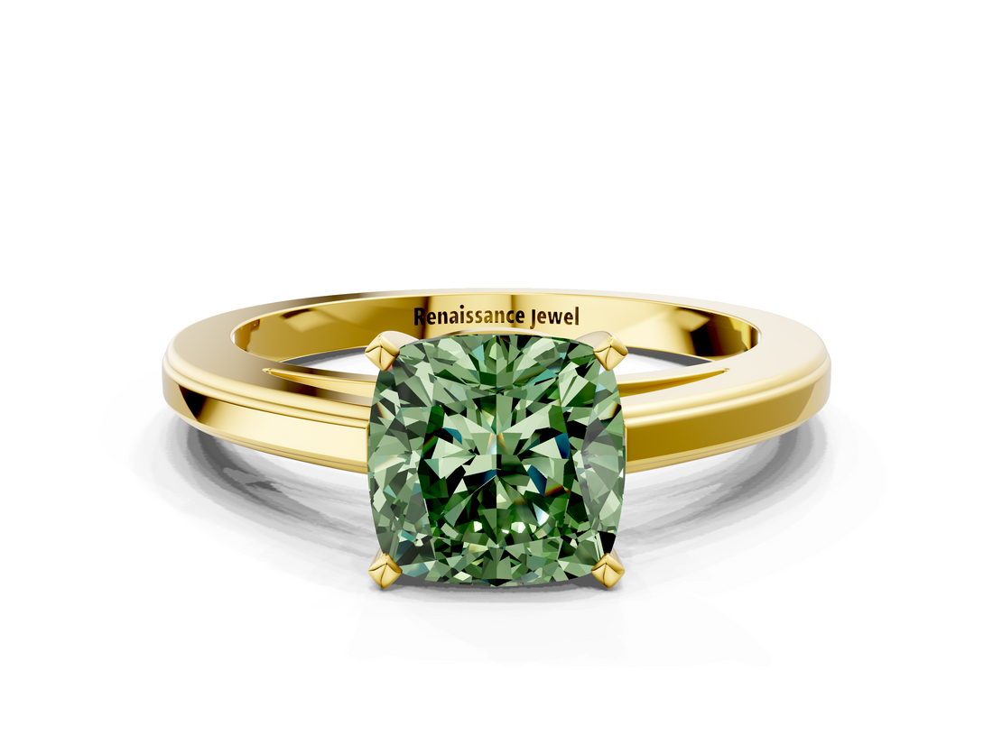 Yellow gold Fancy Green Cushion  Solitaire Diamond Ring with Four-Prong Setting and Classic Band_3