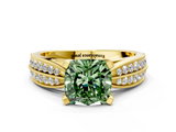 Yellow gold Fancy Green Cushion  Solitaire Diamond Ring with Milgrain Pavé Band and Four-Prong Setting_20