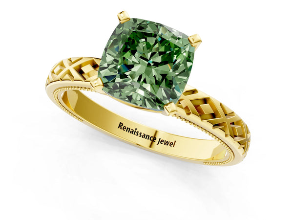 Yellow gold Fancy Green Cushion  Solitaire Diamond Ring with Milgrain and Black Enamel X Pattern Band