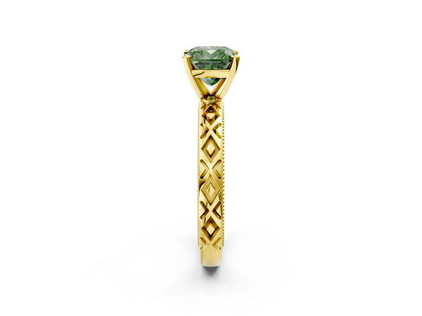 Yellow gold Fancy Green Cushion  Solitaire Diamond Ring with Milgrain and Black Enamel X Pattern Band