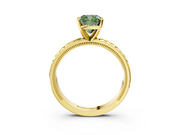 Yellow gold Fancy Green Cushion  Solitaire Diamond Ring with Milgrain and Black Enamel X Pattern Band