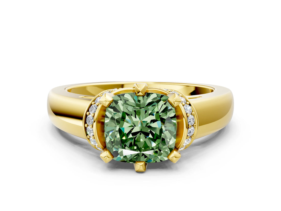 Yellow gold Fancy Green Cushion  Solitaire Diamond Ring with Pave Band and Six-Prong Setting_32