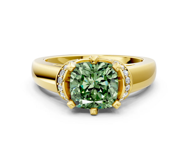 Yellow gold Fancy Green Cushion  Solitaire Diamond Ring with Pave Band and Six-Prong Setting