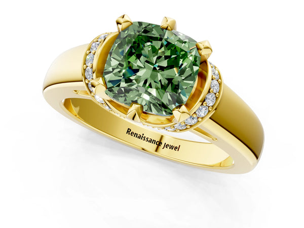 Yellow gold Fancy Green Cushion  Solitaire Diamond Ring with Pave Band and Six-Prong Setting