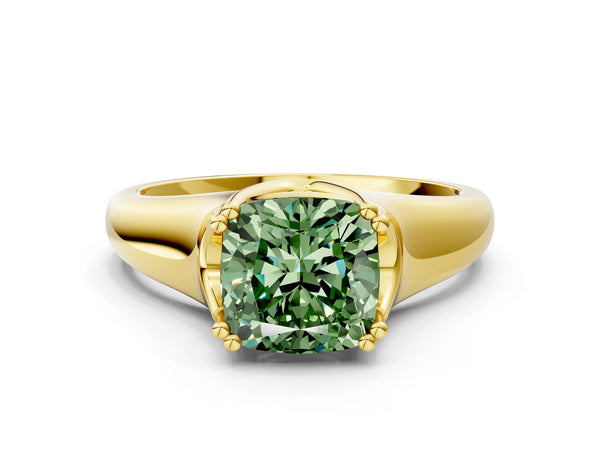 Yellow gold Fancy Green Cushion Cut Diamond Solitaire Ring with Wide Band and Prong Setting