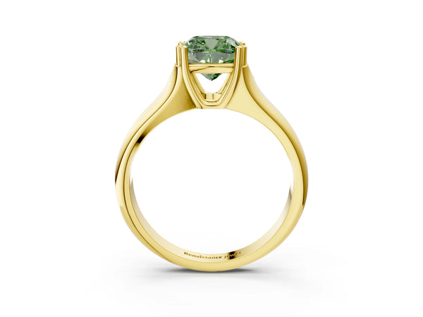 Yellow gold Fancy Green Cushion Cut Diamond Solitaire Ring with Wide Band and Prong Setting
