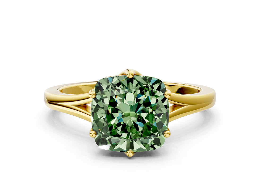 Yellow gold Fancy Green Cushion  Solitaire Diamond Ring with Six-Prong Setting and Tapered Band_17