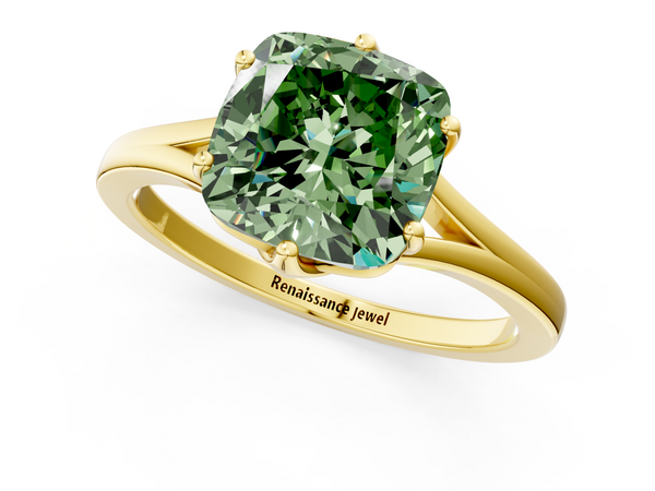 Yellow gold Fancy Green Cushion  Solitaire Diamond Ring with Six-Prong Setting and Tapered Band