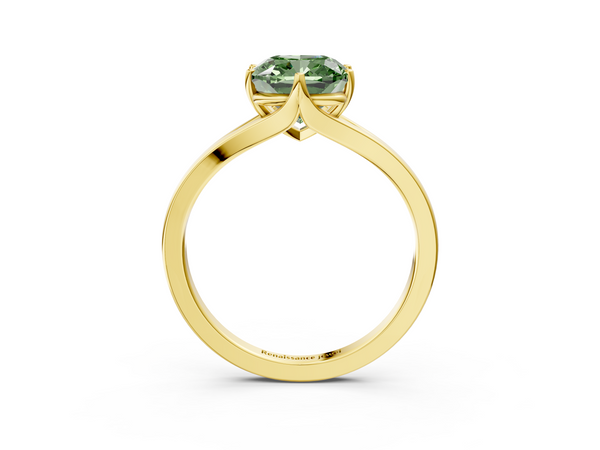 Yellow gold Fancy Green Cushion  Solitaire Diamond Ring with Six-Prong Setting and Tapered Band