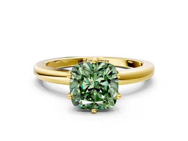 Yellow gold Fancy Green Cushion  Solitaire Diamond Ring with Six-Prong Setting on a Classic Band
