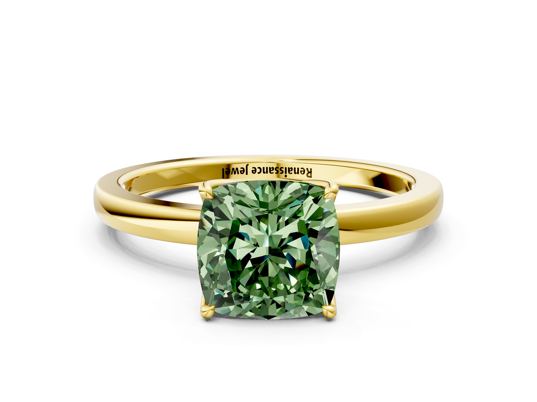 Yellow gold Fancy Green Cushion  Solitaire Diamond Ring with Thin Band and Four-Prong Setting_3