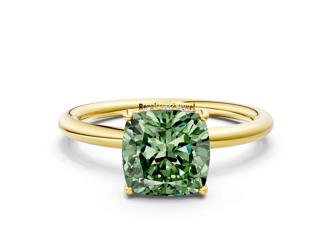 Yellow gold Fancy Green Cushion  Solitaire Diamond Ring with a Classic Band and Four-Prong Setting