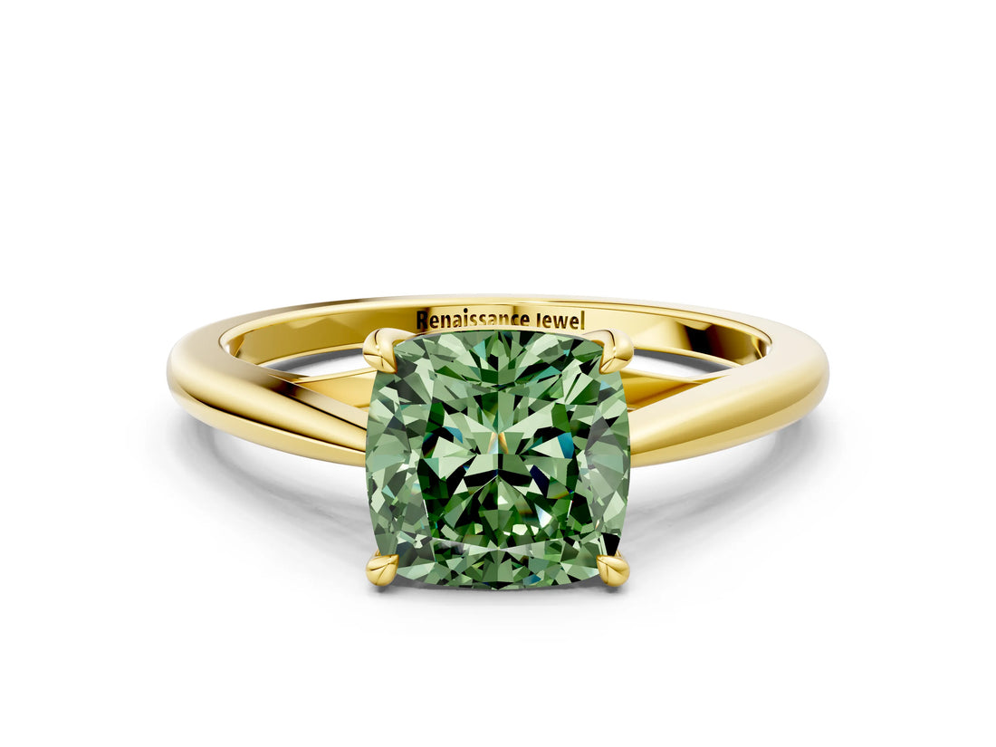 Yellow gold Fancy Green Cushion  Solitaire Engagement Ring with Four-Prong Setting and Classic Band 2