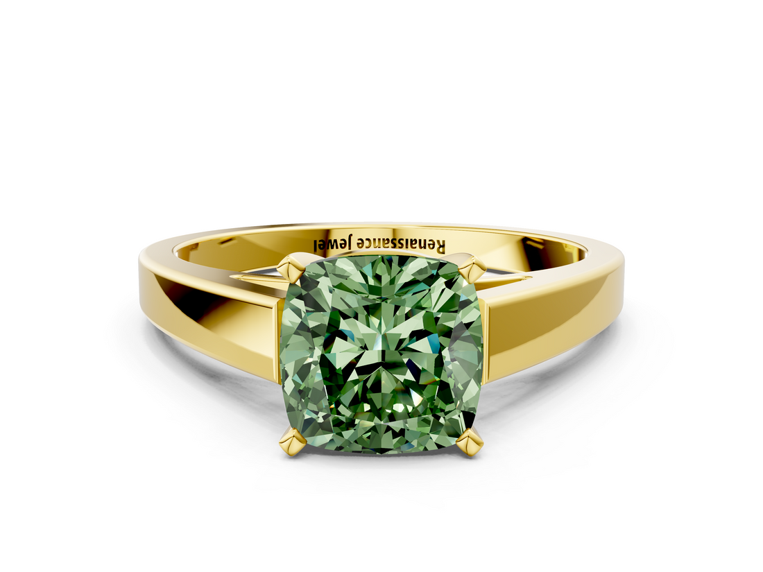 Yellow gold Fancy Green Cushion  Solitaire Engagement Ring with Four-Prong Setting and Tapered Band_3