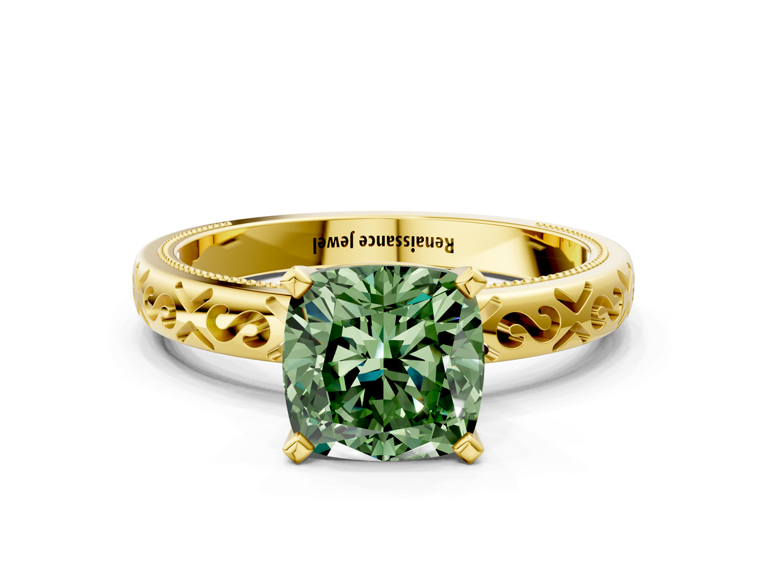 Yellow gold Fancy Green Cushion  Solitaire Engagement Ring with Scrollwork Band and Four-Prong Setting_130