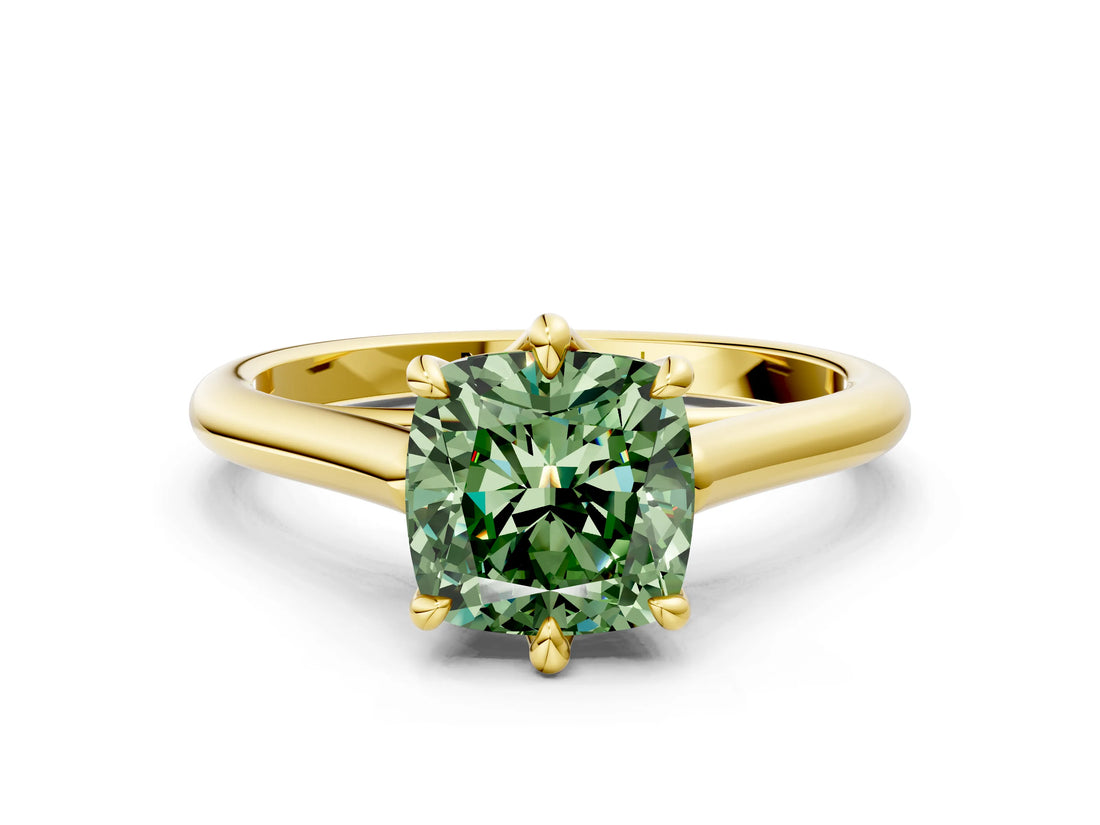 Yellow gold Fancy Green Cushion  Solitaire Engagement Ring with Six-Prong Setting and Classic Band 1