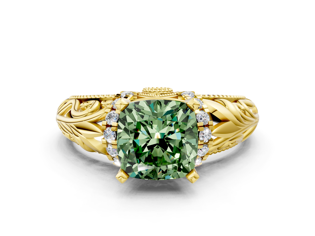 Yellow gold Fancy Green Cushion  Solitaire Filigree Engagement Ring with Halo and Prong Setting_68