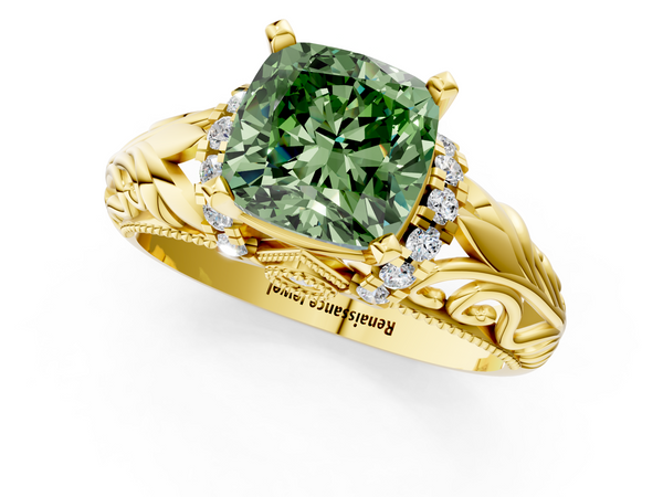 Yellow gold Fancy Green Cushion  Solitaire Filigree Engagement Ring with Halo and Prong Setting