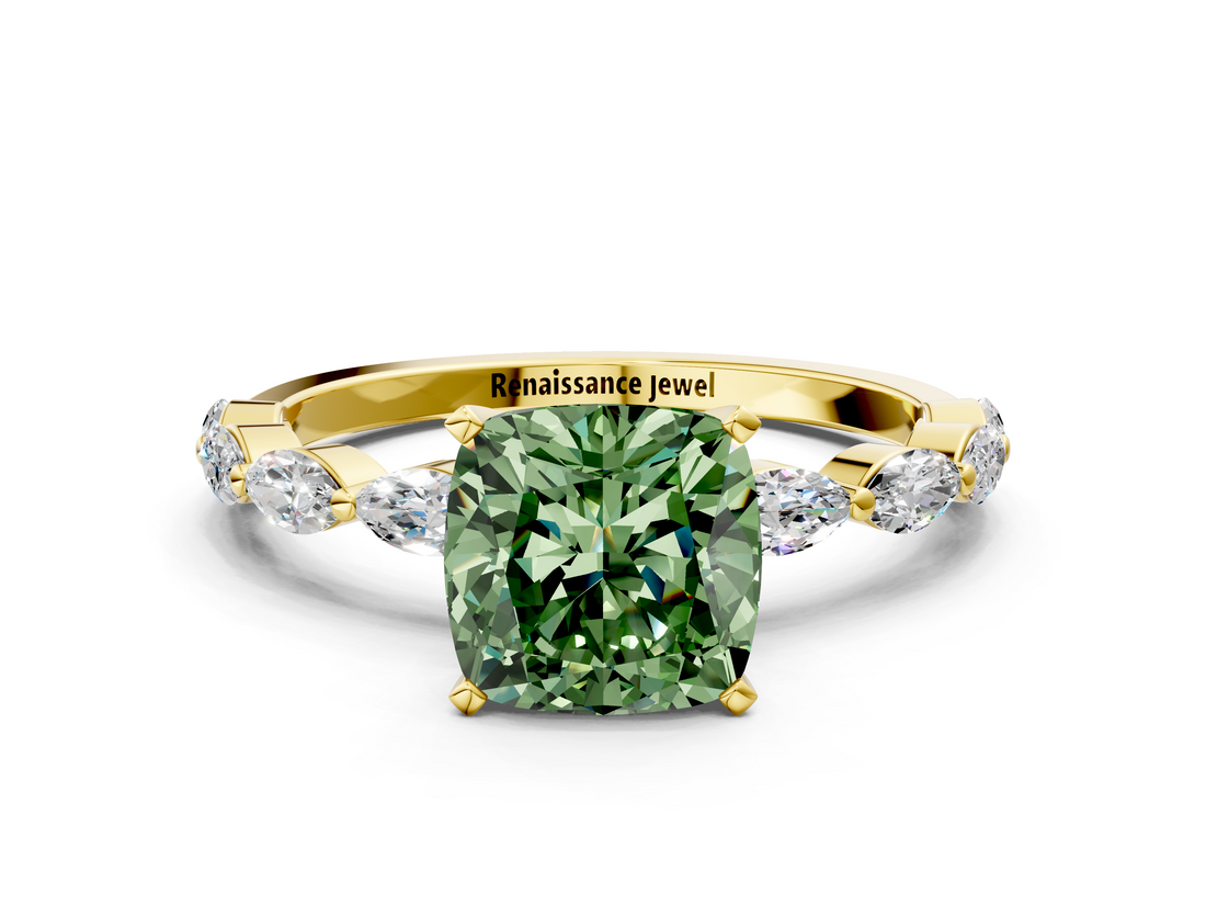 Yellow gold Fancy Green Cushion  Solitaire Marquise Side Stone Prong Setting Ring_45