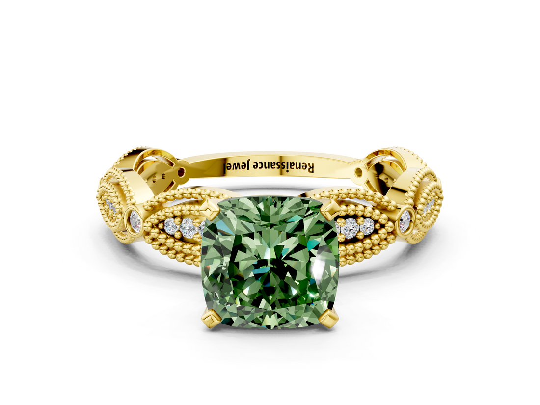 Yellow gold Fancy Green Cushion  Solitaire Milgrain Diamond Engagement Ring with Bezel and Marquise Band_54