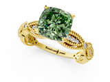 Yellow gold Fancy Green Cushion  Solitaire Milgrain Diamond Engagement Ring with Bezel and Marquise Band_55