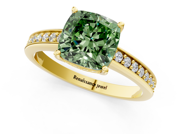 Yellow gold Fancy Green Cushion  Solitaire Pavé Band Prong Setting Ring