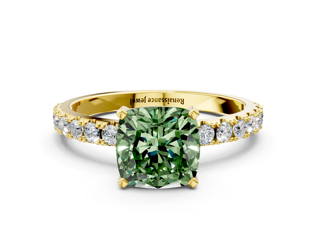 Yellow gold Fancy Green Cushion  Solitaire Pavé Band with Four-Prong Setting_145