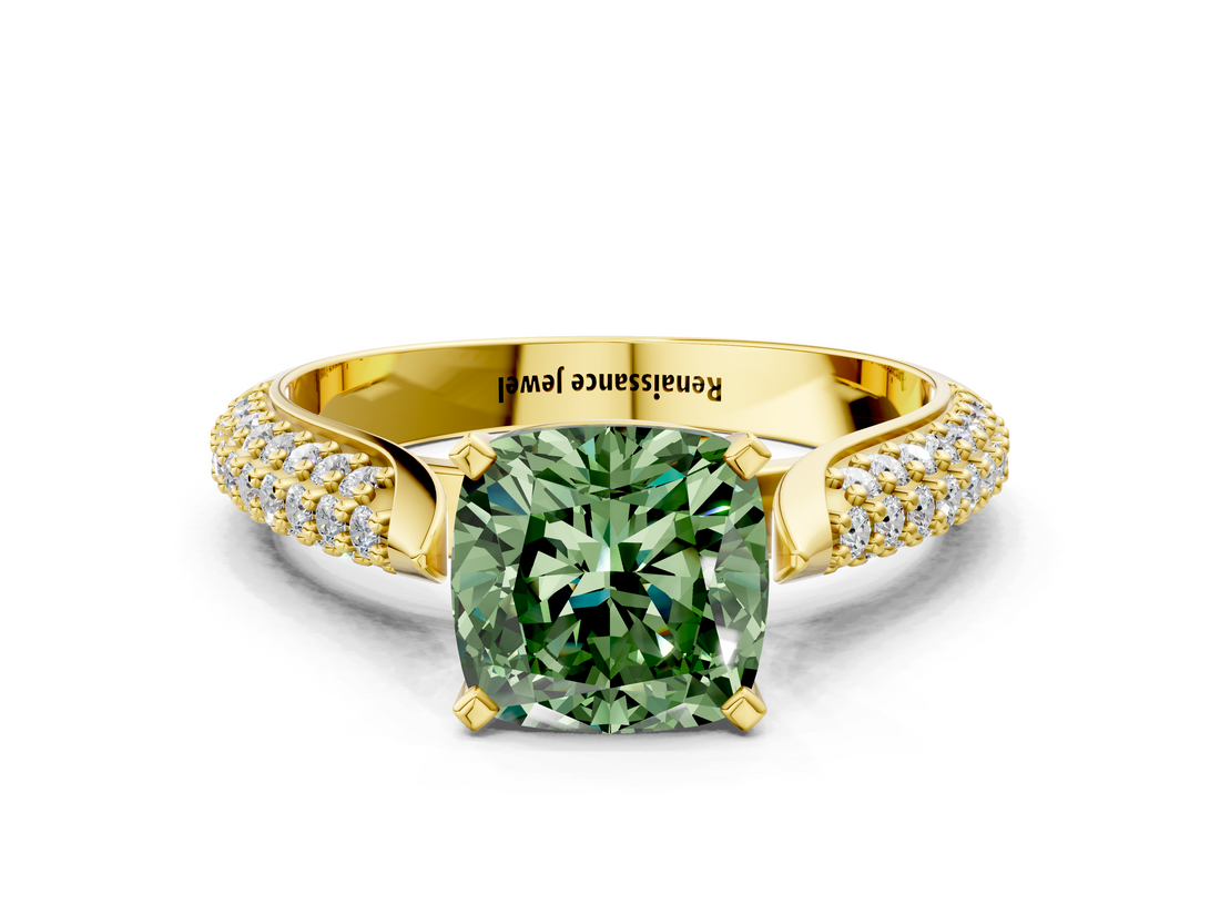 Yellow gold Fancy Green Cushion  Solitaire Pavé Diamond Engagement Ring with Four-Prong Setting_163