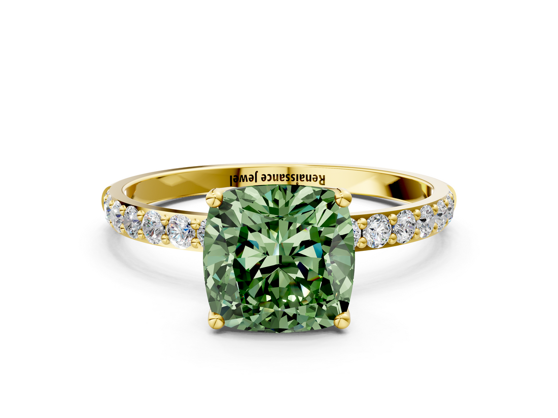 Yellow gold Fancy Green Cushion  Solitaire Pavé Diamond Engagement Ring with Four-Prong Setting_56