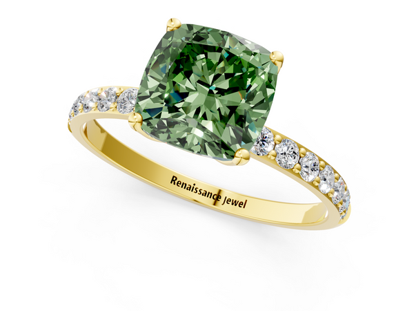 Yellow gold Fancy Green Cushion Cut Diamond Solitaire Engagement Ring with Round  Pavé Band and Prong Setting