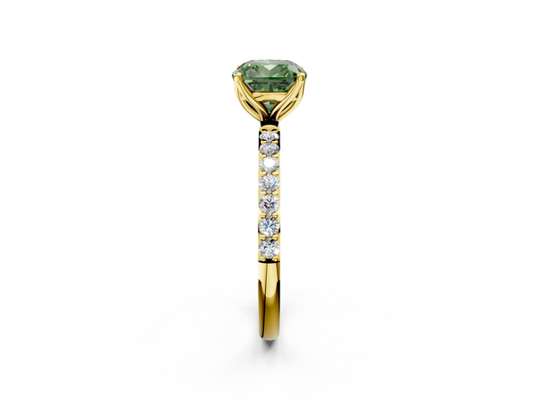 Yellow gold Fancy Green Cushion Cut Diamond Solitaire Engagement Ring with Round  Pavé Band and Prong Setting