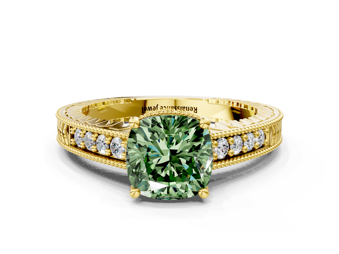 Yellow gold Fancy Green Cushion  Solitaire Pavé Diamond Milgrain Engagement Ring with Four-Prong Setting_3