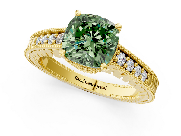 Yellow gold Fancy Green Cushion  Solitaire Pavé Diamond Milgrain Engagement Ring with Four-Prong Setting