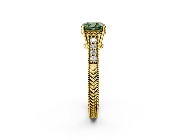 Yellow gold Fancy Green Cushion  Solitaire Pavé Diamond Milgrain Engagement Ring with Four-Prong Setting