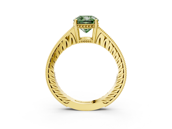 Yellow gold Fancy Green Cushion  Solitaire Pavé Diamond Milgrain Engagement Ring with Four-Prong Setting