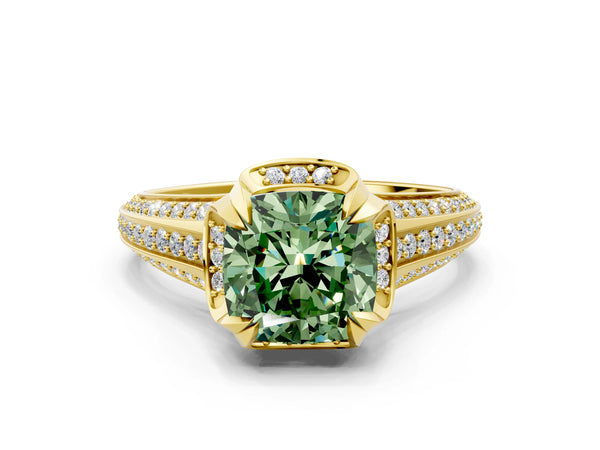 Yellow gold Fancy Green Cushion  Solitaire Pave Split Shank Ring with Four-Prong Setting
