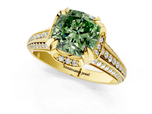 Yellow gold Fancy Green Cushion  Solitaire Pave Split Shank Ring with Four-Prong Setting